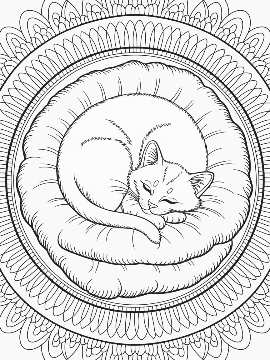 Mandala style — a curled sleeping cat